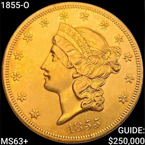1855-O Liberty Head twenty dollar gold double eagle, choice brilliant uncirculated, obverse